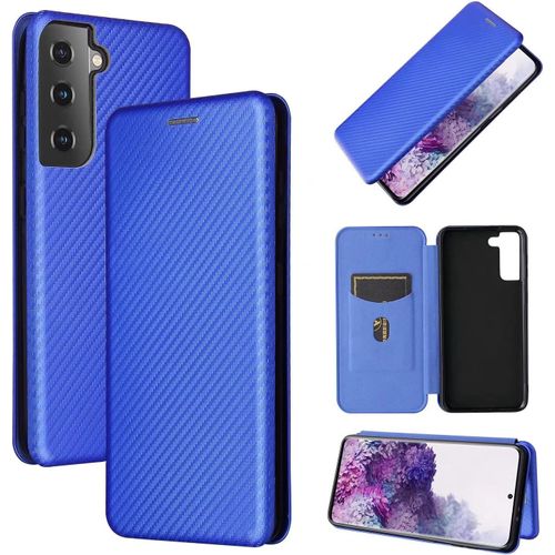 Compatible Avec Coque Samsung Galaxy S21, Mince Flip Fibre De Carbone [Test De Chute] Antichoc Stand Fente Avec Carte, Protecteur D'écran En Verre Trempé*2-Bleu