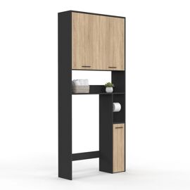 Meuble étagère dessus WC WALLIS noir et bois façon hêtre