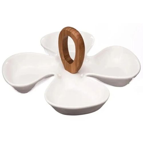 Plat De Présentation En Céramique ¿ 4 Compartiments ¿ 28 X 28 Cm ¿ Blanc & Bois