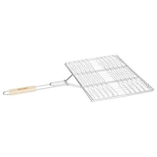 Grille double pour barbecue - NEKA - 40 x 30 cm - Acier chromé - Poignée en bois - Nettoyage facile