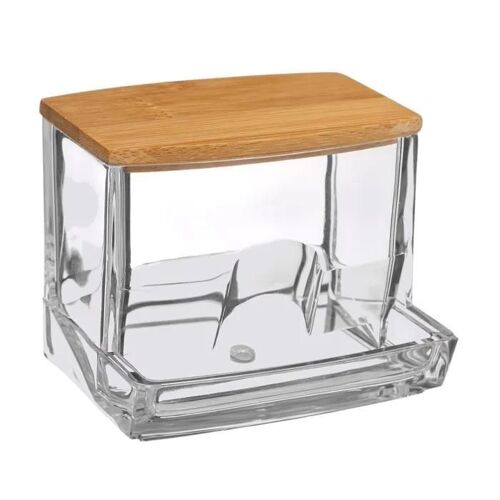 Pot à cotons tiges - Indispensable - Transparent - 9,3 x 8 x 7,4 cm - Couvercle en bambou - Polystyrène