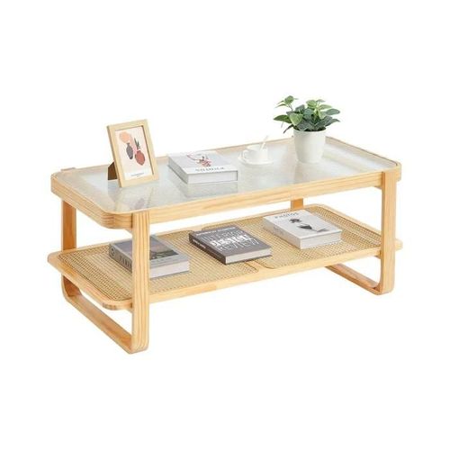 Table Basse En Rotin-Duoku-Rectangulaire De 45 Pouces En Bois Tressé-Plateau En Verre Trempé-Bohème Moderne