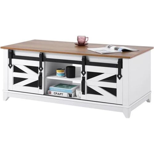 Table Basse De Ferme-Duoku- 48 Pouces- Avec 2 Portes De Grange Coulissantes- 2 Niveaux- Avec Étagères Amovibles