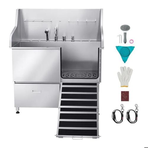 Baignoire Pour Chiens En Acier Inoxydable-Duoku-Station De Lavage Pour Animaux De Compagnie 127,5 Cm-Équipée D'une Rampe