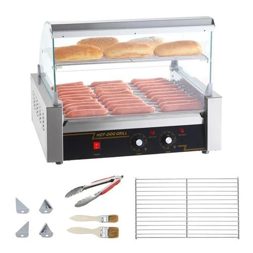 Electric 30 Hot Dog Roller Grill Cooker Machine-Duoku-11 Roller-Backsplash Shelf-2.2KW Acier Inoxydable