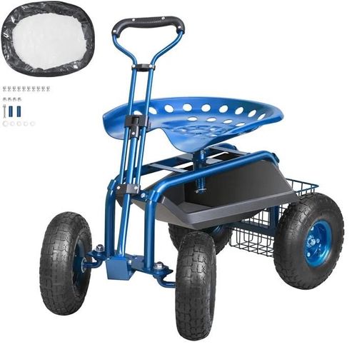 Chariot de Jardin à Roulettes-Duoku-avec Roulettes-Tabouret de Jardinage Pivotant à 360°, Plateau à Outils Utilitaire, Bleu