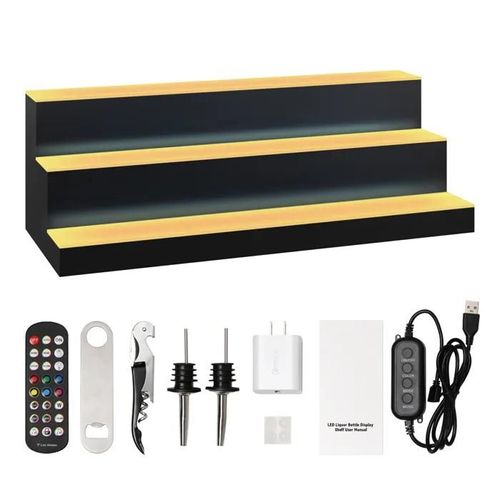 Présentoir De Bouteilles D'alcool Éclairé Par Led-Duoku-3 Niveaux 30 Po-Support À Whisky En 3 Étapes-Éclairage Multicolore