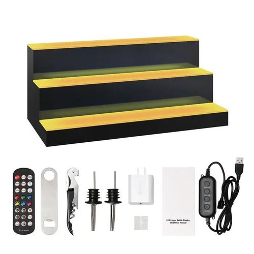 Présentoir De Bouteilles D'alcool Éclairé Par Led-Duoku-3 Niveaux De 61 Cm Avec Éclairage Led-Support À Whisky En 3 Étapes