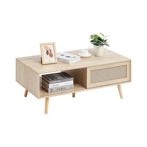 Table Basse En Rotin-Duoku-42 Pouces-Rectangulaire Moderne Du Milieu Du Siècle-2 Niveaux Avec Style Bohème