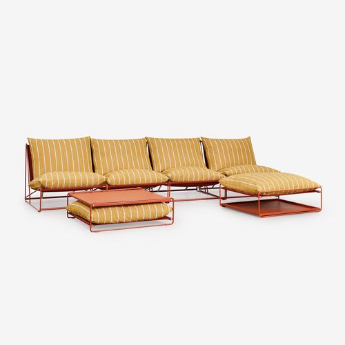 Ensemble De Jardin Avec Canapé Modulaire 4 Pièces, Table D'appoint Et Pouf Convertible Amaro Jaune Miel - Rouge Argile