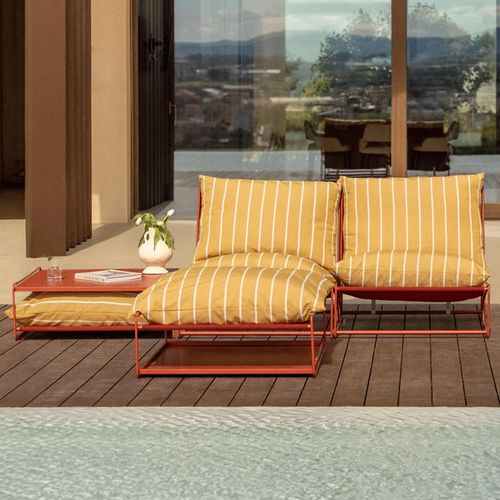 Ensemble De Jardin Amaro Avec Canapé Modulable 2 Pièces, Table D'appoint Et Pouf Convertible Jaune Miel - Rouge Argile