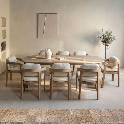 Set de table ovale 240x100 cm en bois d'acacia et 8 chaises de salle à manger en bois d'acacia Uleno Acacia Marron Clair