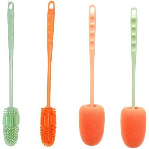 TIANYI-Brosse à Bouteille, Brosse de Nettoyage de Tasse d'eau et de Bouteille, théière, Bouteille Thermos, Bouteille d'eau de Sport à Bouche Fine (Vert + Rose) 4 pièces