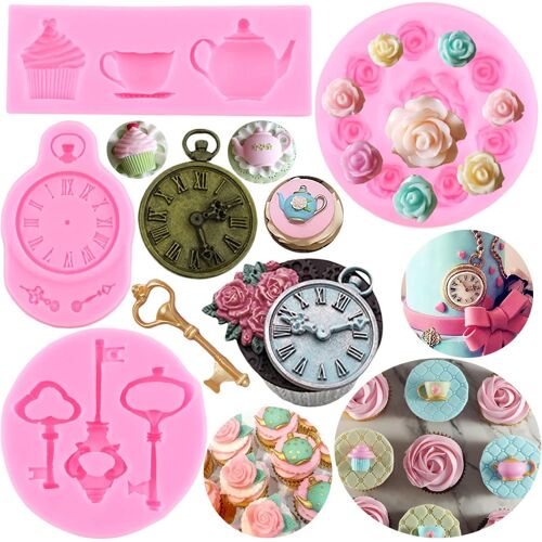 Kalanka-Lot De 4 Moules En Silicone Pour Décoration De Gâteaux, Théière, Fondant, Horloge En Forme De Clé Vintage