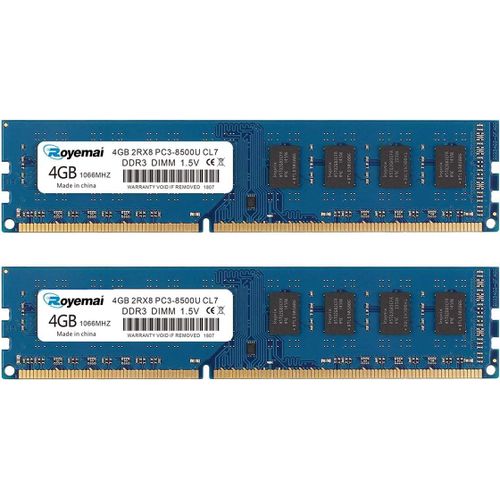 TIANYI-8 Go (2 x 4 Go) RAM DDR3 1066/1067 MHz UDIMM, 4 Go 2Rx8 PC3-8500U-07 Kit de mémoire de Bureau Modules de Mise à Niveau de mémoire DIMM 1,5 V 240 Broches sans Tampon