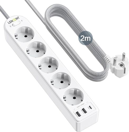 Multiprise 8 en 1 avec 5 prises de courant et 2 USB-A et 1 USB-C, 4000 W multiprise avec interrupteur, multiprise USB avec protection contre les surcharges, montage mural avec câble 2 m