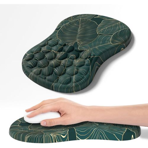 Mouse Pad with Wrist Rest,Ergonomic Memory Foam Mouse Pad with Non-Slip Rubber Base for Computer,Laptop (Green Leaves)