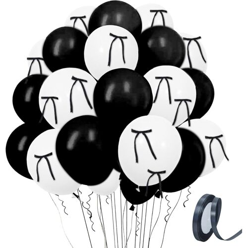 SJZG-Lot De 30 Ballons Noirs Et Blancs Sur Le Thème Du Noeud Pour Décorations De Fête D'Anniversaire, Coquette, Enterrement De Vie De Jeune Fille, Fête Prénatale, Mariage, Fiançailles, Fête Prénuptial