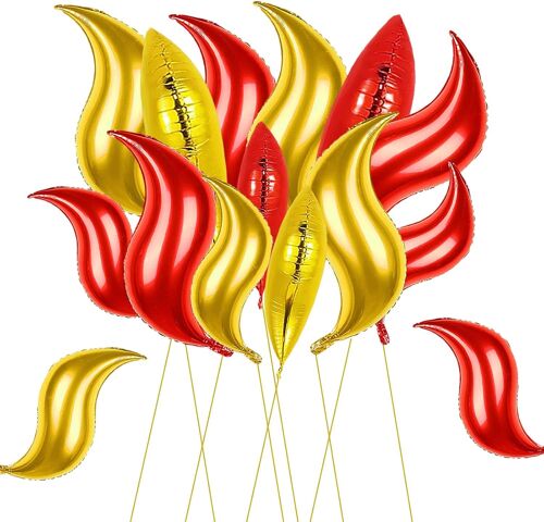 SJZG-Lot De 16 Ballons Décoratifs En Mylar En Forme De Flamme - Ballons En Aluminium En Forme De S - Grands Ballons En Forme De Flamme Métallique Rouge Et Doré - Fournitures D'Anniversaire - Ballons