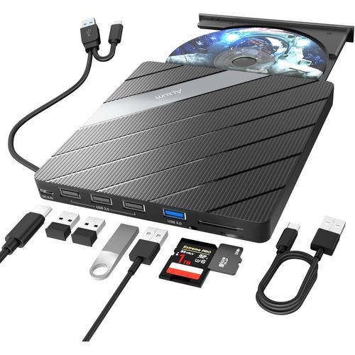 Lecteur CD Externe pour PC- USB 3.0 Lecteur DVD Portable avec Lecteur de Carte SD/TF et Ports,Lecteur DVD Externe USB C pour PC,Desktop,MacBook,Windows,Linux,Mac OS,Vista