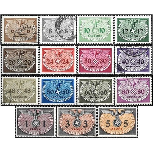 Pologne, Occupation Allemande, General Gouvernement 1940, Belle Série Complète Timbres De Service Yvert 10 À 24, Grand Format, Chiffres Sur Ovale, Aigle Et Croix Gammée, Neufs**/*/Oblitérés.