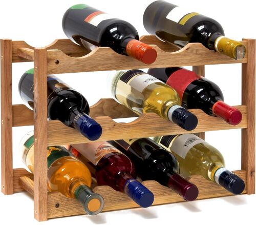 SUBZONAL-Casier à Vin Range Bouteilles Horizontal, 3 étages de 4 Bouteilles pour 12 Bouteilles en Bois Etagère à Bouteilles de vin Dimensions 42x21x28 cm Porte-Bouteilles Bois de Noyer, Nature