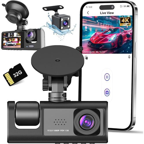 Dashcam Voiture Avant Arrière, Wi-FI Caméra Embarquée avec Carte SD 32G, Camera Voiture à 3 canaux Grand Angle 170°, Vision Nocturne,WDR,G-Capteur,Mode Stationnement 24H,Enregistrement en Boucle