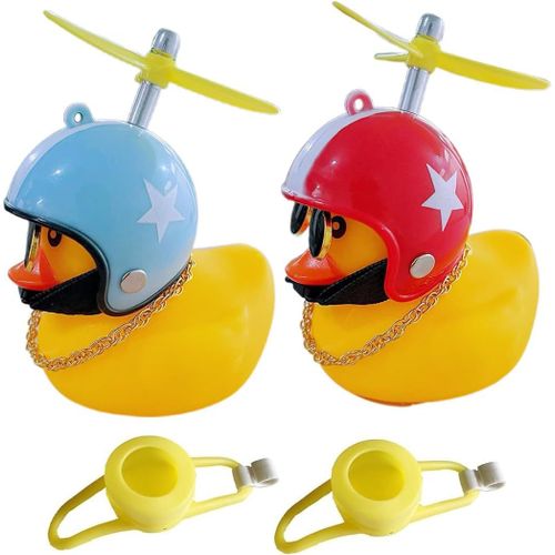 Maas-2 Pièces Canard En Plastique, Sonnette Velo, Klaxon Velo, Accessoire Velo, Ornements De Voiture, Avec Sangles Et Adhésif Non Marquant, Sonnerie Canard Avec Hélice Et Casque(Rouge + Bleu)