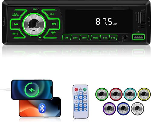 Autoradio 1 Din - Autoradio Bluetooth - Poste Radio Voiture Bluetooth avec FM Radio Emplacement de l'APP Mise Hors Tension Mémoire AUX TF Entrée Disque USB Amplificateur de Puissance+ Télécommande