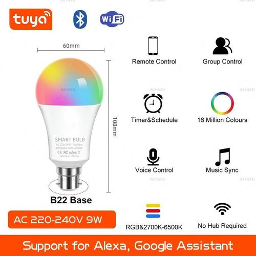 Kalsa-Ampoule Led Intelligente Wifi B22, Lampes Bluetooth, Rvb, Lumière Intelligente, 220v, Alexa, Google Assistant, Commande Vocale, Synchronisation, Groupe, Royaume-Uni,Wifi 220v B22 9w,Oui