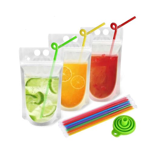 100 sachets de boissons réutilisables avec 100 pailles emballées individuellement pour adultes,sacs de boissons transparents avec