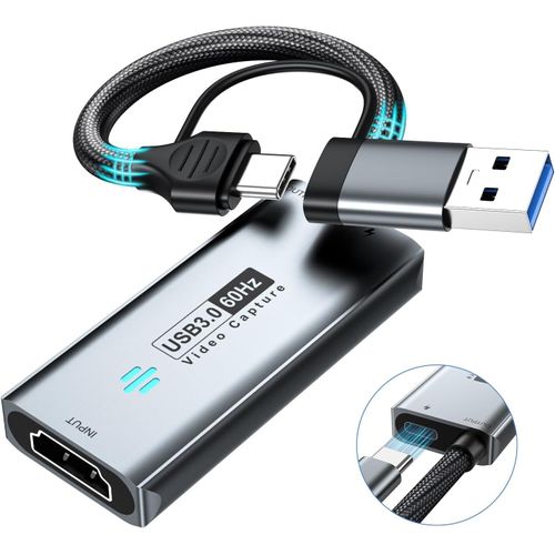 USB 3.0 Carte d'acquisition vidéo,HDMI vers USB-A/C avec PD,Capture Vidéo 1440P 30fps & 1080P 60fps,pour Le Streaming,l¿Enseignement,la Visioconférence ou la Diffusion en Direct