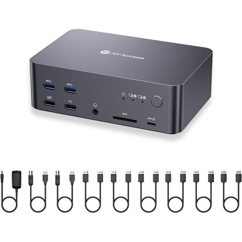 Av Access Station D'Accueil Commutateur Kvm 8K Pour 2 Ordinateurs Et 3 Moniteurs, Displayport 2.0, 1G Ethernet, Usb 3.0, Hdcp 2.3, 4K@165/144Hz, 2K Pour Le Jeu Et Le Bureau À Domicile, Desktop Only
