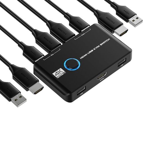 WQD-KVM Commutateur KVM HDMI 4K 60Hz 2PC 1 moniteur, 2 ports Box USB HDMI Commutateurs pour 2 ordinateurs partager clavier, souris, imprimante et un moniteur HD