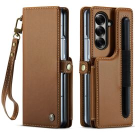 Coque Pour Samsung Z Fold 7,Étui Housse Samsung Z Fold 7,S Pen Slot,Wrist Strap,AntichocSupport Pliable,Clamshell,Brosse Anti-Vol,Étui De Téléphone À Cassette - Brun