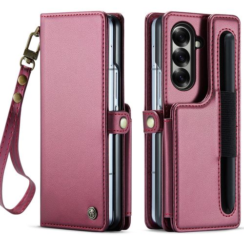 Coque Pour Samsung Z Fold 7,Étui Housse Samsung Z Fold 7,S Pen Slot,Wrist Strap,Antichocsupport Pliable,Clamshell,Brosse Anti-Vol,Étui De Téléphone À Cassette - Rouge