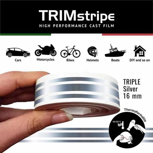Bandes Adhésives - Trim Stripes - Argent - 16 Mm X 10 Mt - Thermoformable - Résistant Aux Intempéries