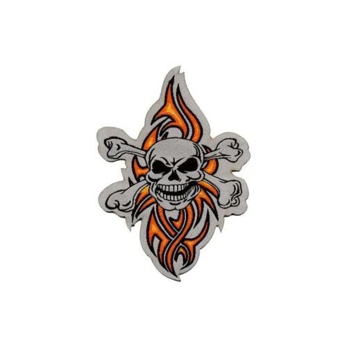 Patch Adhésif Crane Os Flammes, Broderie Sticker, 8,2 X 6,2 Cm