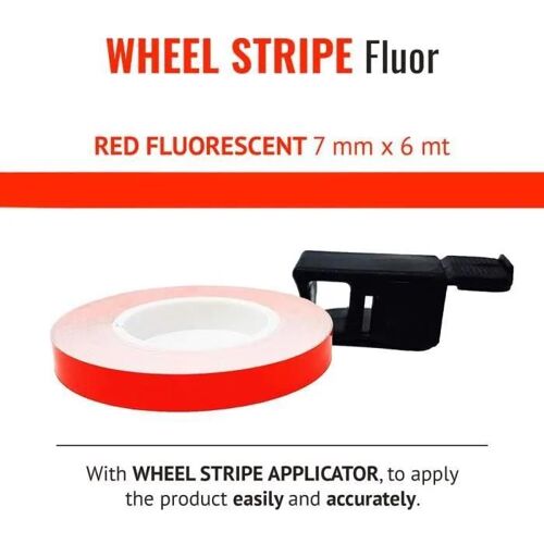 Wheel Stripes Bandes Adhésives Fluorescentes Pour Jantes Moto Avec Applicateur, Rouge Fluo, 7 Mm X 6 Mt