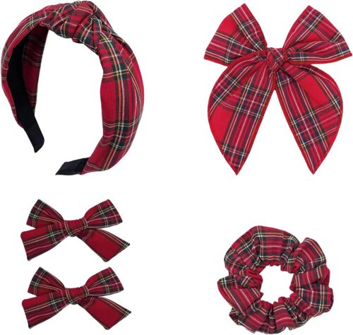 Lot De 4 Noeuds Pour Cheveux Plaid - Avec Bandeau À Carreaux Uniforme, Noeuds Pour Cheveux Et Élastiques À Cheveux, Pour Différentes Coiffures Et Occasions, Rouge, L 