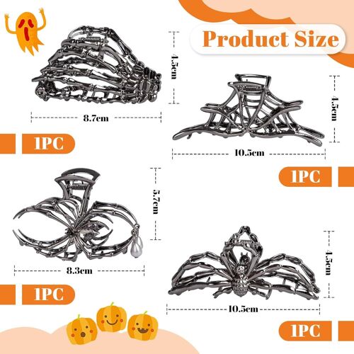 4 Pièces Pinces À Cheveux Avec Main Squelette Toile D'araignée Et Crâne, Métal Hip-Hop, Grandes Et Moyennes Pour Cheveux Épais Ou Fins, Pinces Pour Coiffer Accessoires De Cheveux, Cadeau De 