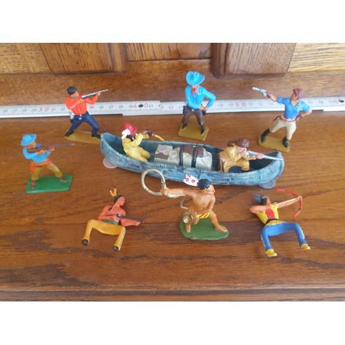 Lot 7 Figurines + 2 Dans 1 Pirogue (Bateau) Collection Starlux Western Cowboys Indiens Trappeurs Sioux Cheyennes Iroquois Pirates (Far West)