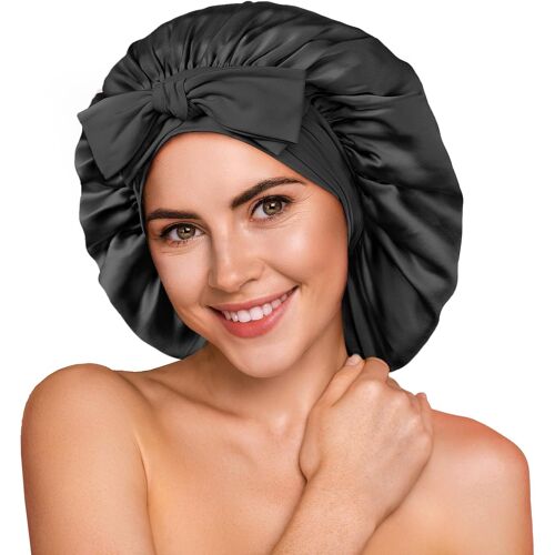 Jexnovashop-100% 22 Momme De Mûrier Bonnet Soie Cheveux Nuit Pour Dormir, Bonnet De Nuit Doux En Soie Double Couche Pour Cheveux Frisés, Respirant, Large Bande Ajustable Pour Attacher À La Tête, Noir