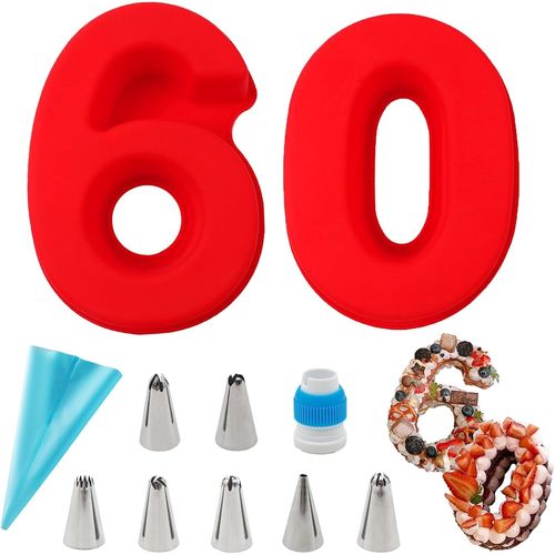 Ershi-Moule Number Cake 60, Grands Moules À Gâteau 3d En Silicone, Anti-Adhésif Moule Chiffre Gateau, Avec Ensemble De 9 Embouts P[6270]