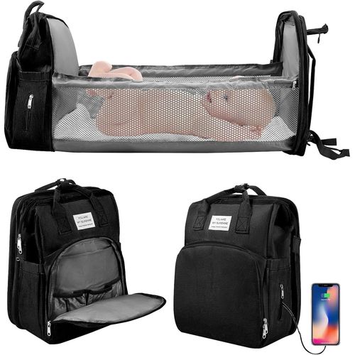 Ytseazn-Sac A Langer A Dos Avec Sacs À Langer Lit Grande Capacité,Grande Sac À Couches Avec Matelas À Langer,Sac À Dos Pour Lit Bébé,Sac De Voyage Avec Lit Pliable Et Pare-Soleil(Noir)
