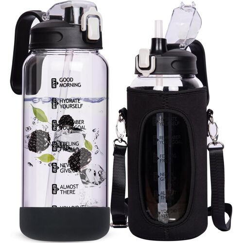 Subzonal-2l Gourde Verre Motivation Avec Paille Et Marqueur De Temps 2 Litres Grand Transparente Bouteille Eau Verre Borosilicaté Carafe Eau Pichet En Verre