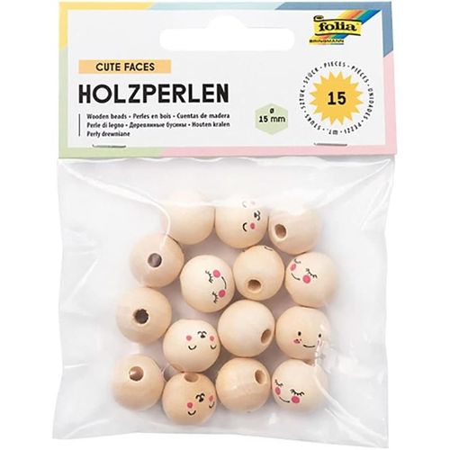 Folia Lot De 15 Perles Bois Visages Amusants -Couleur Naturelle Diamètre : 15 Mm