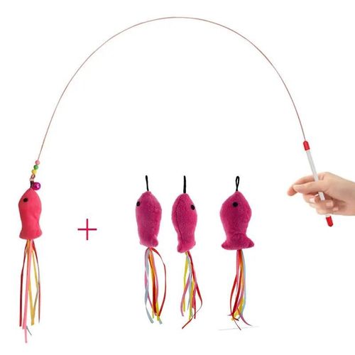 Bâton de chat en métal élastique,baguette amusante,jouet + 3 pièces,faux poissons en peluche remplaçables,interactif avec chaton,animaux de compagnie,faire amusant--As Pic