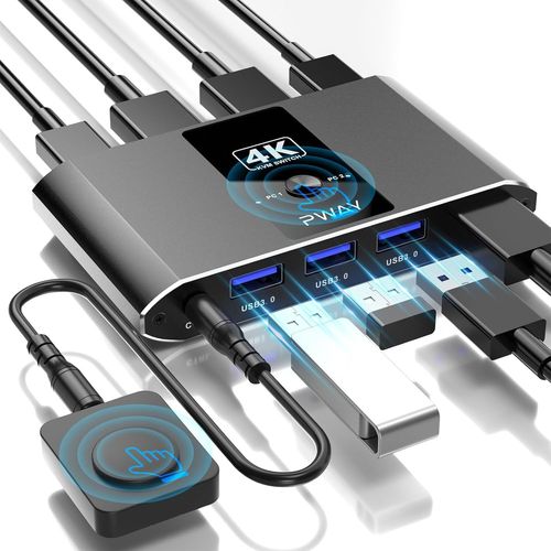WQD-4K@60Hz Commutateur KVM Switch HDMI 2 Port, Switch 2PC 1 Monitor 2 USB pour 2 Ordinateurs Partageant Clavier, Souris et un Moniteur HD, avec 2 Câbles USB