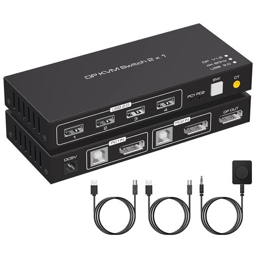 WQD-Commutateurs KVM 4K60Hz DisplayPort 2 PC 1 Monitor USB 2.0 Switch KVM avec 4 ports, Convient pour Souris, Clavier, Imprimante, U-Stick, livré avec Câbles USB A-B
